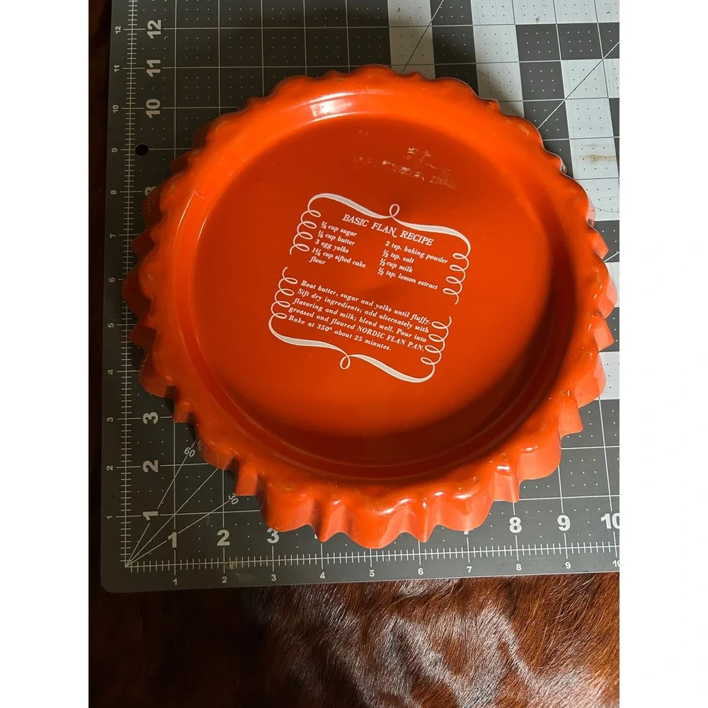 Vintage Nordic Ware Orange Enameled Metal Flan Pan Scalloped Recipe 10.5